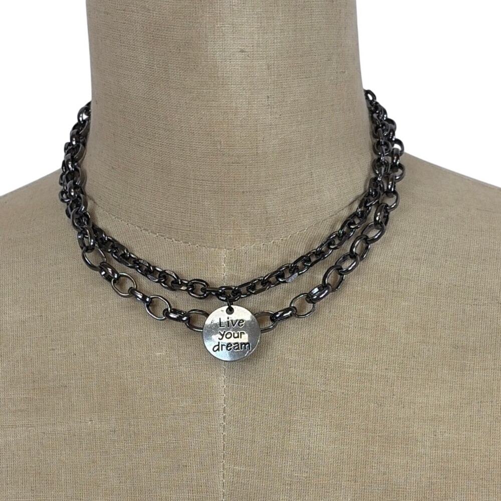 LOT of 2 NEW Necklaces - Gunmetal Chain Rolo & Curb Layering LIVE YOUR DREAM